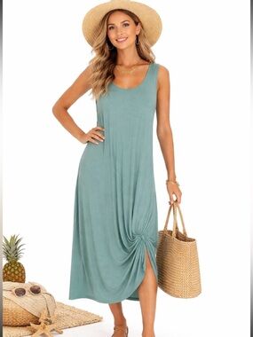 Lily Pad Green Lagenlook Boho Knot Hem Scoop Neck Sleeveless Midi Dress Size 3XL